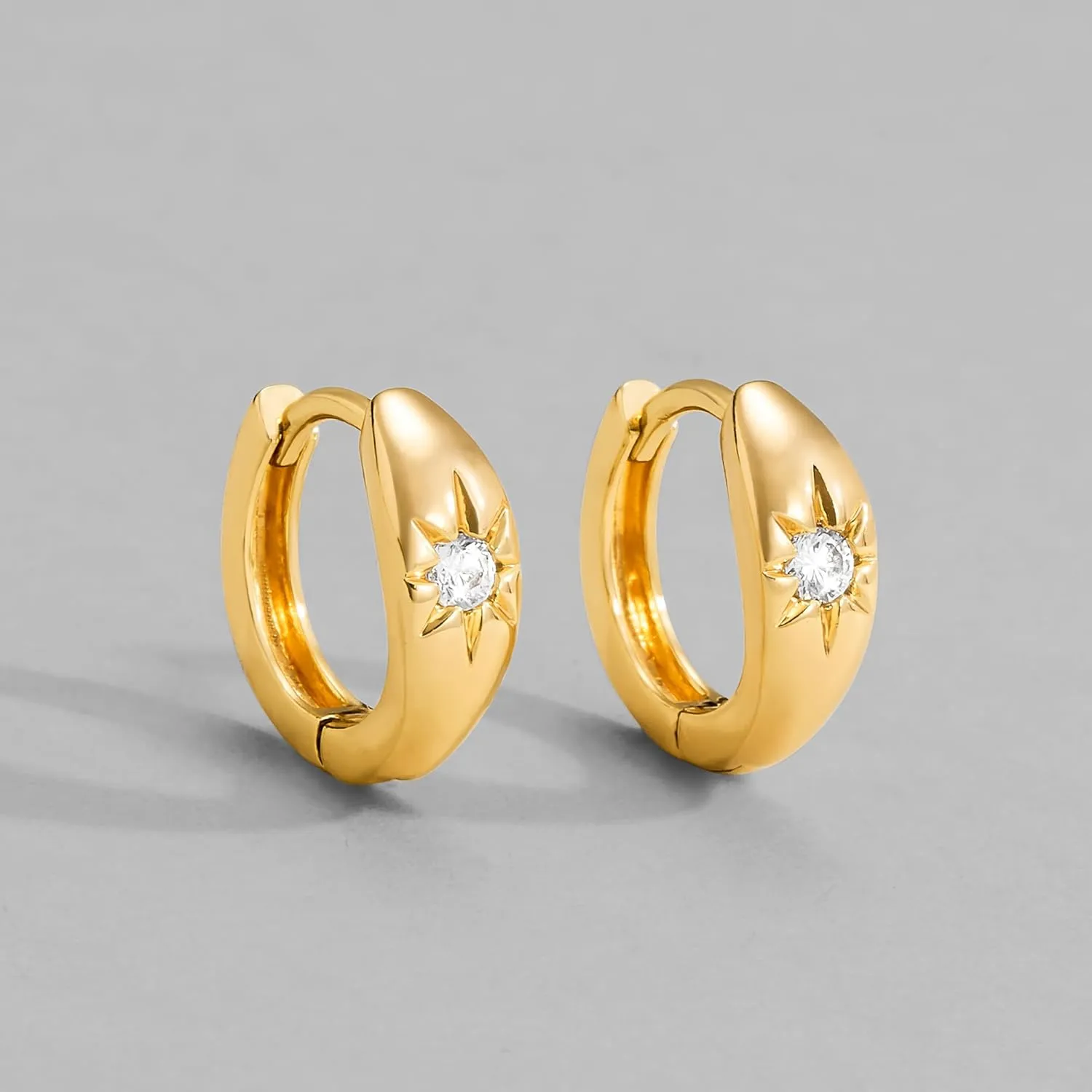 Dremmy Studios Dainty CZ Huggie Hoop Earrings 14K Gold Plated Chunky Simple Cute Thick Round Frill Bead Ball Starburst Cuff Earrings Cubic Zirconia Hoop Earrings Minimalist Personalized Gift for Her