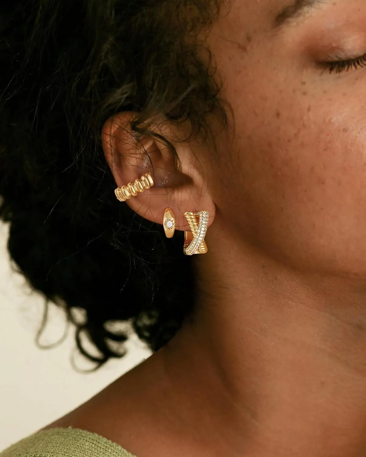 Dremmy Studios Dainty CZ Huggie Hoop Earrings 14K Gold Plated Chunky Simple Cute Thick Round Frill Bead Ball Starburst Cuff Earrings Cubic Zirconia Hoop Earrings Minimalist Personalized Gift for Her