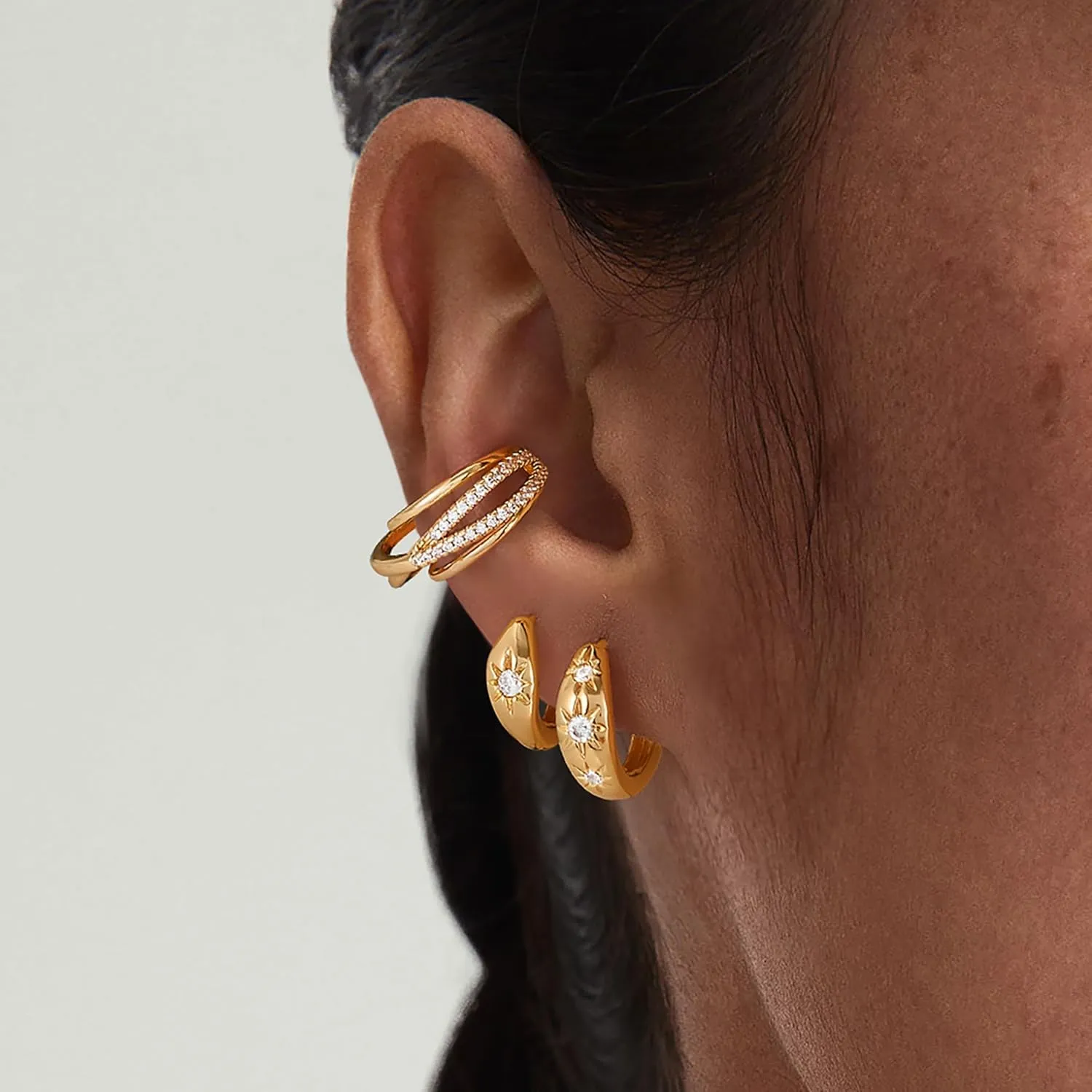 Dremmy Studios Dainty CZ Huggie Hoop Earrings 14K Gold Plated Chunky Simple Cute Thick Round Frill Bead Ball Starburst Cuff Earrings Cubic Zirconia Hoop Earrings Minimalist Personalized Gift for Her