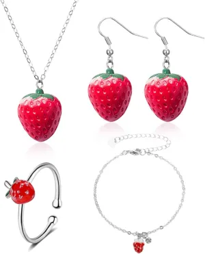 Dreuyet Strawberry Jewelry Set for Women - Cute Lifelike Red Strawberry Necklace, Earrings, Ring, Bracelet - Sweet Small Fresh Fruit Charm Jewelry