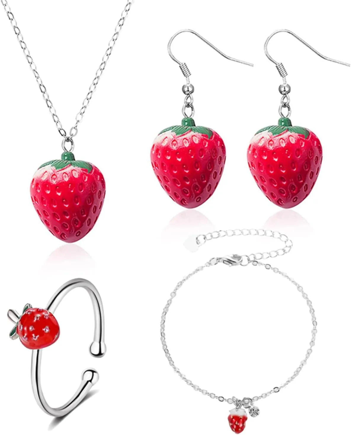 Dreuyet Strawberry Jewelry Set for Women - Cute Lifelike Red Strawberry Necklace, Earrings, Ring, Bracelet - Sweet Small Fresh Fruit Charm Jewelry