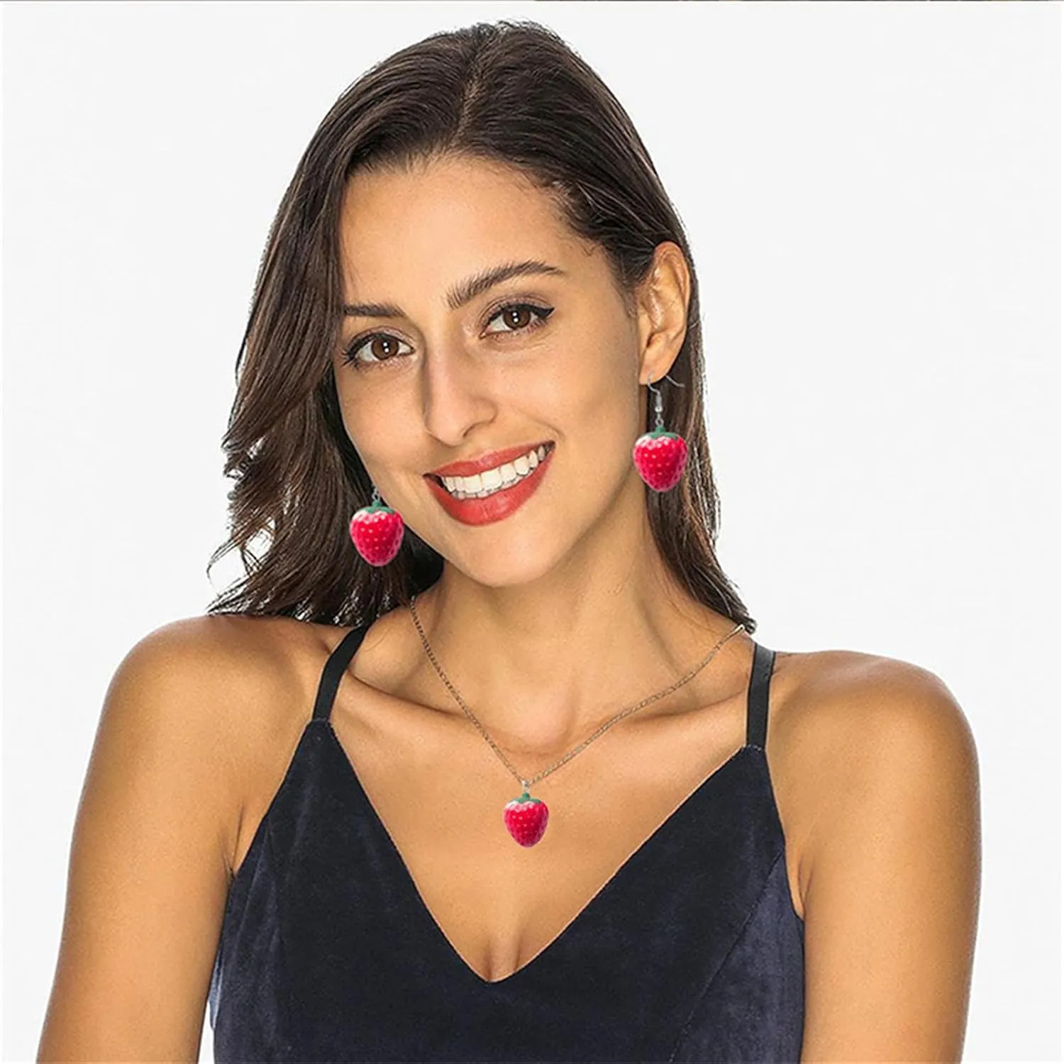 Dreuyet Strawberry Jewelry Set for Women - Cute Lifelike Red Strawberry Necklace, Earrings, Ring, Bracelet - Sweet Small Fresh Fruit Charm Jewelry