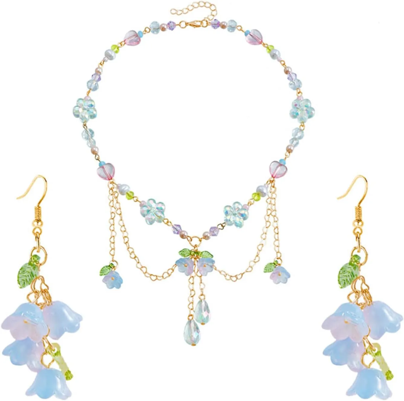 Dreuyet Y2K Lily of the Valley Earring Necklaces Set for Women Dainty Colorful Love Bead String Tassel Chain Necklace Sweet Valley Rose Flower Leaf Dangle Drop Earrings Bride Wedding Spring Summer Jewelry