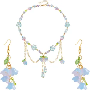 Dreuyet Y2K Lily of the Valley Earring Necklaces Set for Women Dainty Colorful Love Bead String Tassel Chain Necklace Sweet Valley Rose Flower Leaf Dangle Drop Earrings Bride Wedding Spring Summer Jewelry