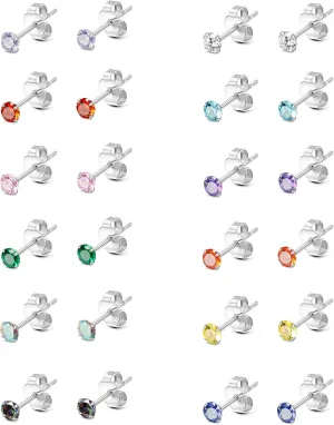Drperfect Stainless Steel CZ Stud Earrings for Women Multicolor Cubic Zirconia Earrings Studs Cartilage Helix Earring Stud Set 2MM-6MM