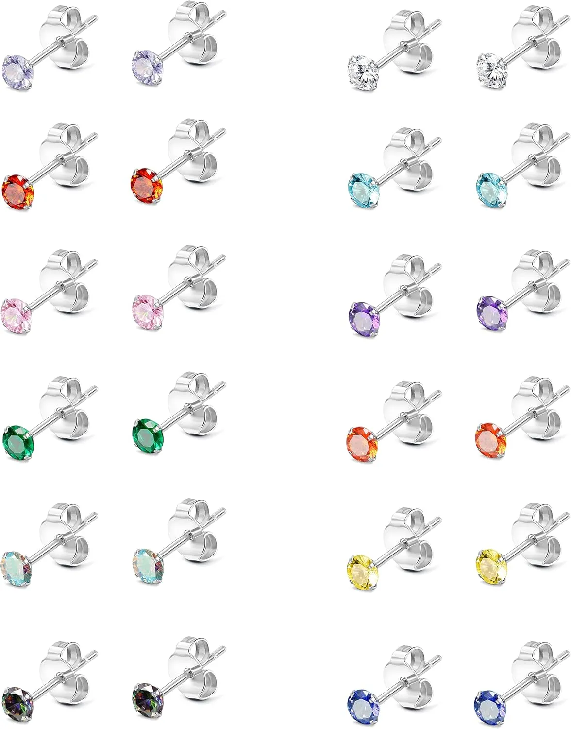Drperfect Stainless Steel CZ Stud Earrings for Women Multicolor Cubic Zirconia Earrings Studs Cartilage Helix Earring Stud Set 2MM-6MM