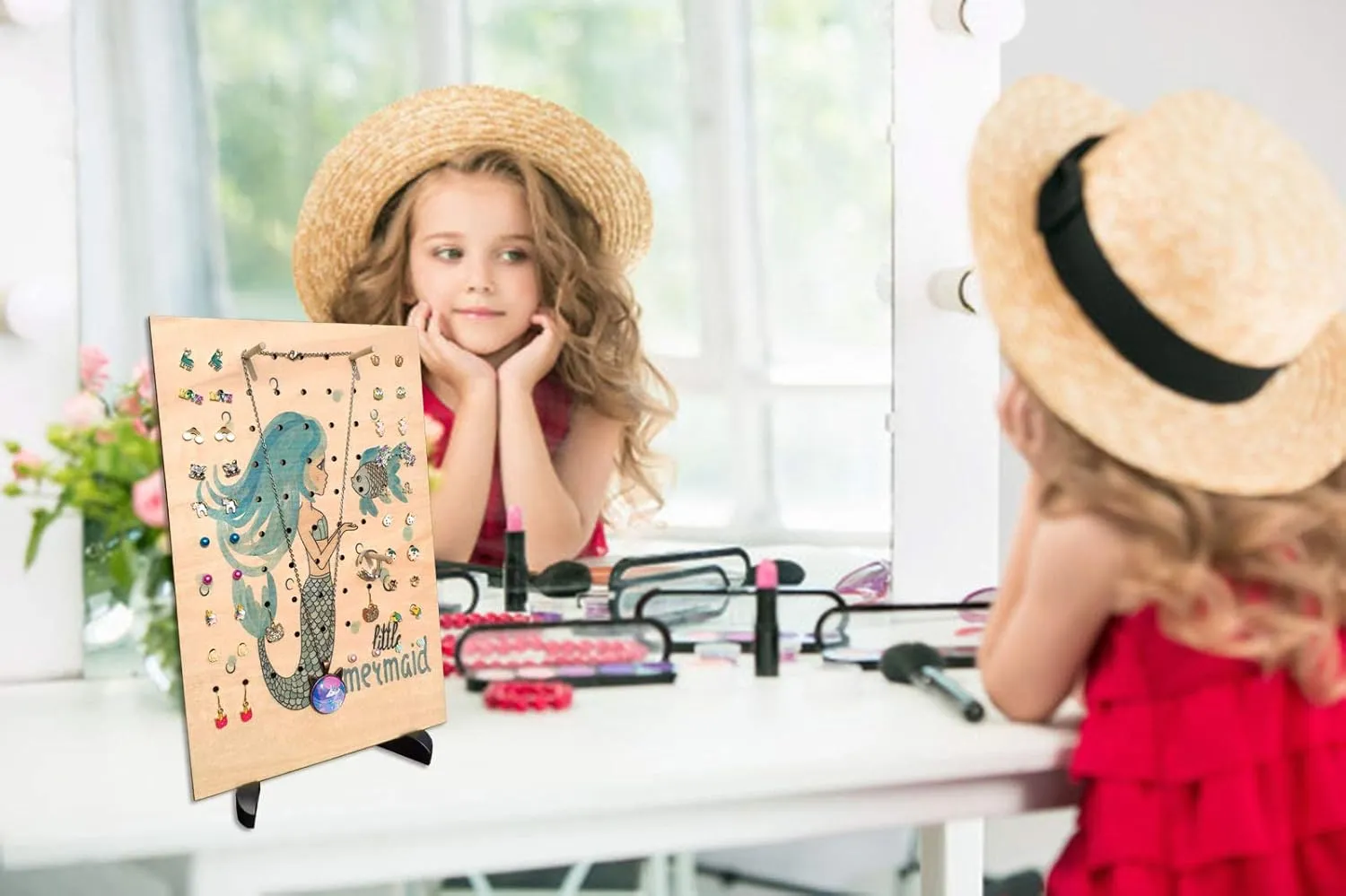 Earring Holder Stand for Girls,Earrings Organizer Wood Jewelry Rack Display for Kids,Cute Design Jewelry Holder Stand for Earrings Ear Studs Necklaces Rings (Little Mermaid)
