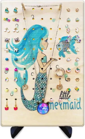 Earring Holder Stand for Girls,Earrings Organizer Wood Jewelry Rack Display for Kids,Cute Design Jewelry Holder Stand for Earrings Ear Studs Necklaces Rings (Little Mermaid)