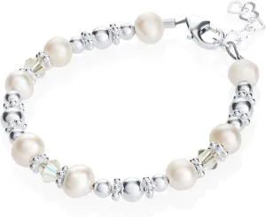 Elegant White Cultured Fresh Water Pearls and European Crystals with Sterling Silver Beads Luxury Keepsake Toddler Girl Bracelet Gift (BFWSC_All)