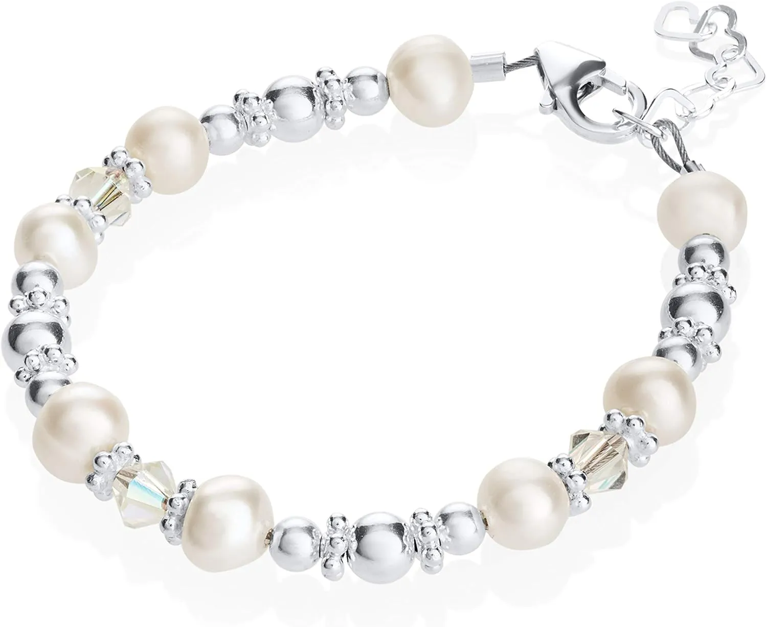 Elegant White Cultured Fresh Water Pearls and European Crystals with Sterling Silver Beads Luxury Keepsake Toddler Girl Bracelet Gift (BFWSC_All)