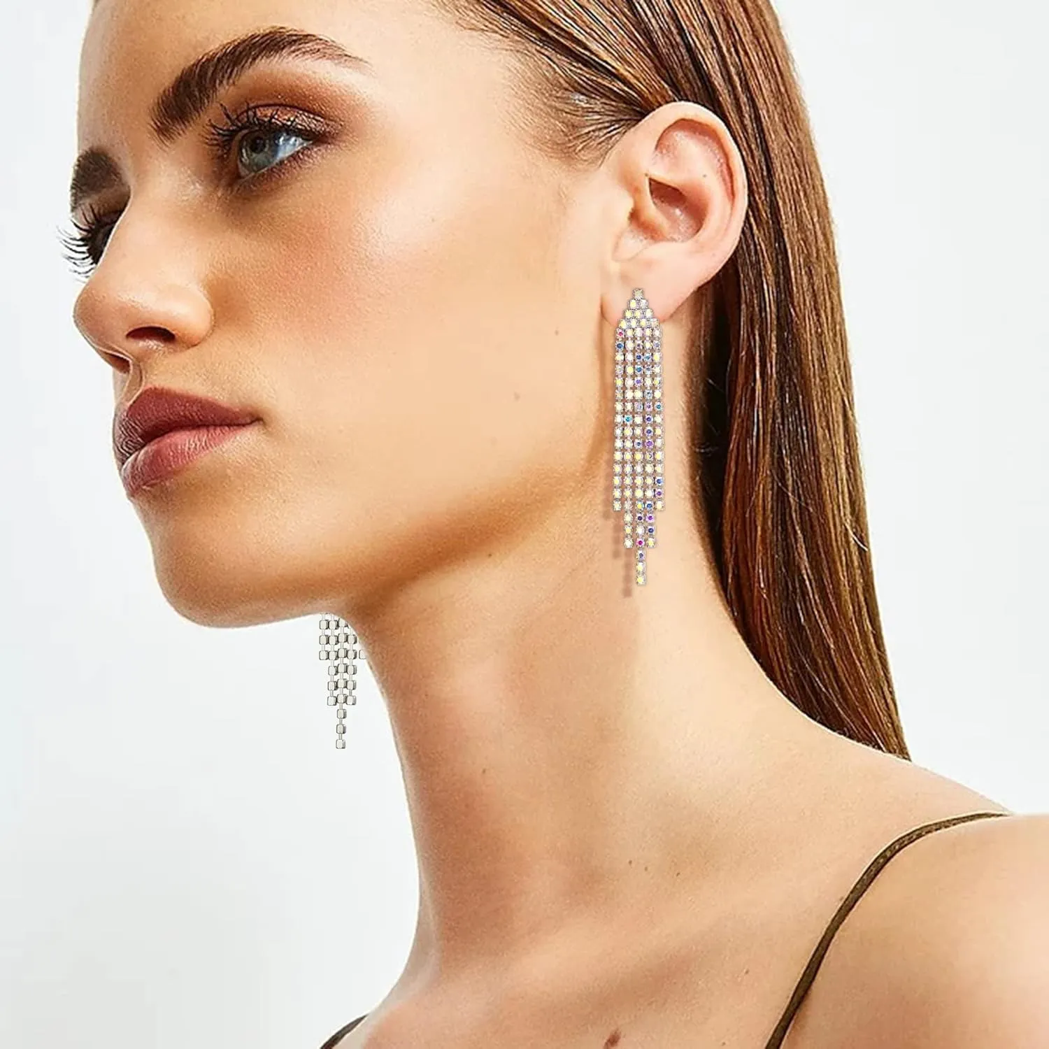 EleQueen Rhinestone Chandelier Statement Tassel Linear Drop Dangle Earrings for Women,Costume Wedding Bridal Party Jewelry