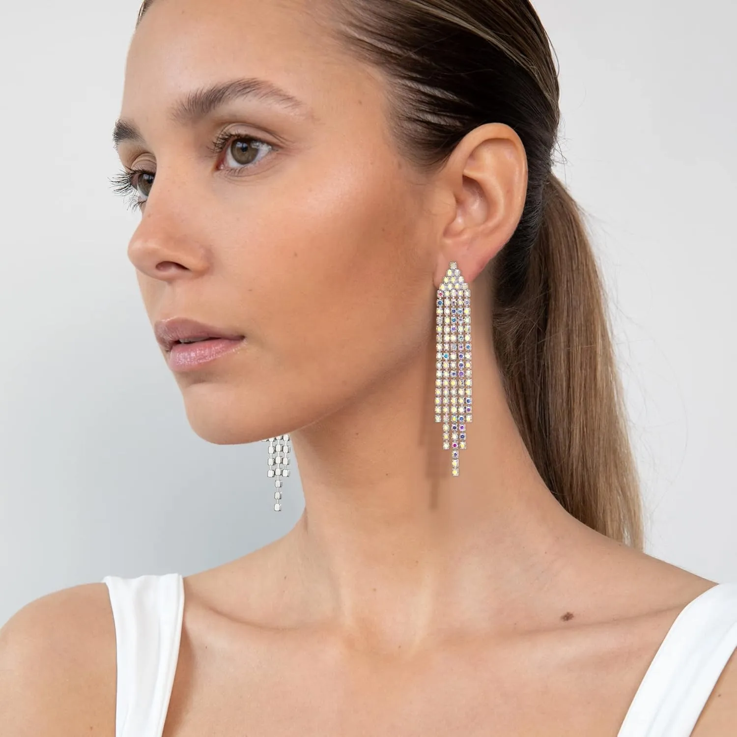 EleQueen Rhinestone Chandelier Statement Tassel Linear Drop Dangle Earrings for Women,Costume Wedding Bridal Party Jewelry