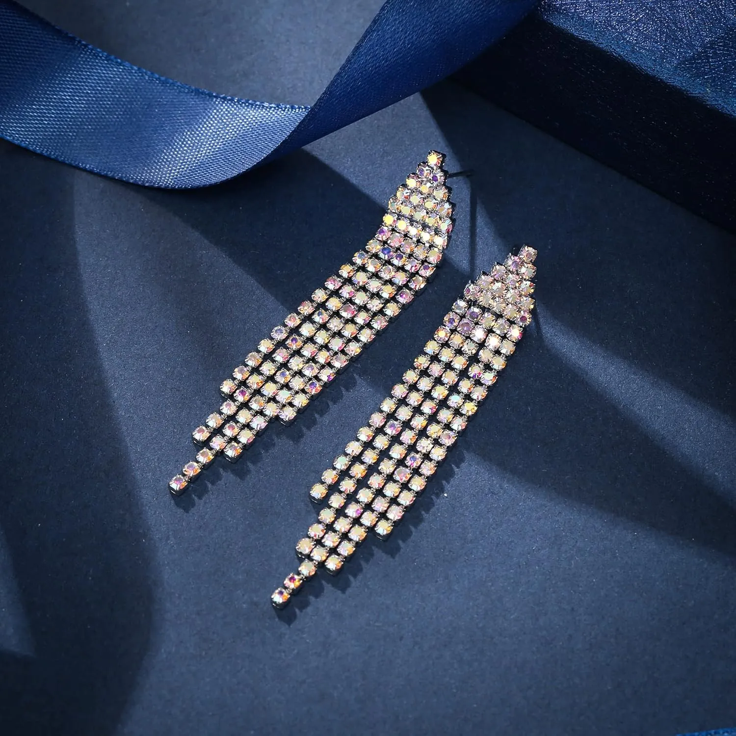 EleQueen Rhinestone Chandelier Statement Tassel Linear Drop Dangle Earrings for Women,Costume Wedding Bridal Party Jewelry