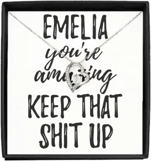 Emelia Necklace Pendant You're Amazing Keep That Shit Up Motivation Custom Name Jewelry With Chain And Message Card Box