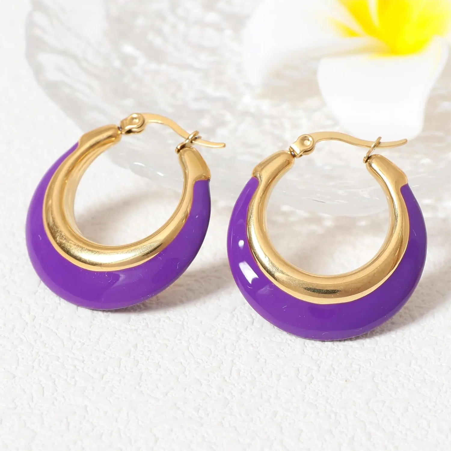 Enamel Hoop Earrings for Women Colorful Enamel Chunky Hoop Earrings 18K Gold Plated Stainless Steel Enamel Earrings Jewelry Gift for Girlfriend Wife