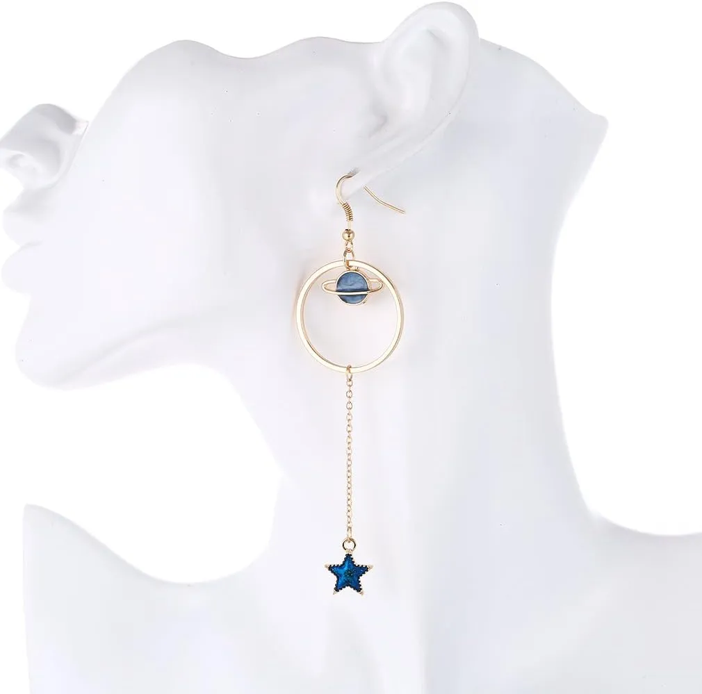 Enamel Moon Star Earth Planet Drop Hook Earrings Long Pendant Dangle Jewelry for Woman