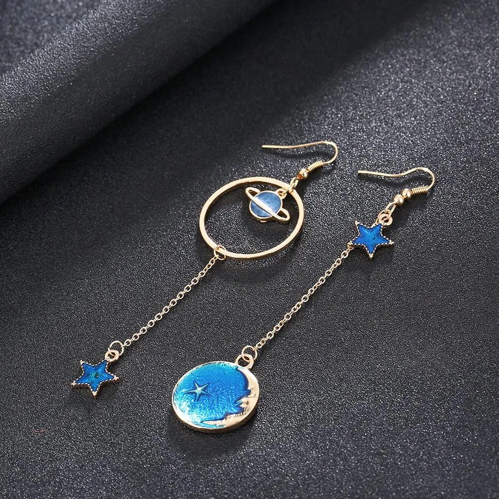 Enamel Moon Star Earth Planet Drop Hook Earrings Long Pendant Dangle Jewelry for Woman