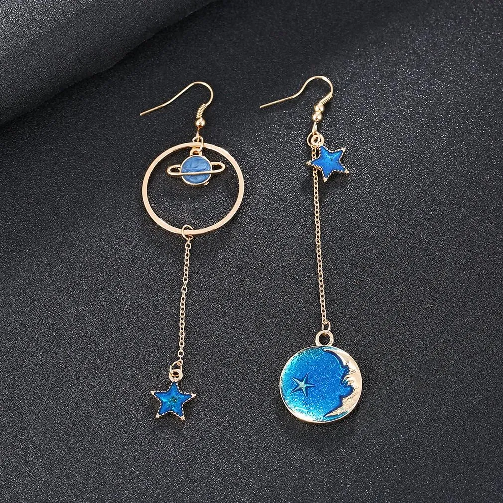 Enamel Moon Star Earth Planet Drop Hook Earrings Long Pendant Dangle Jewelry for Woman