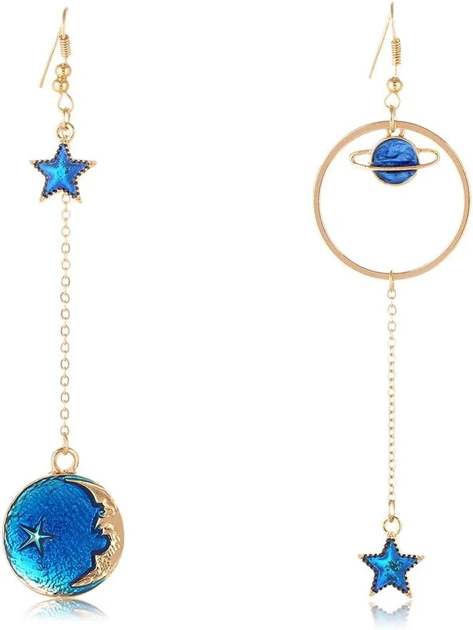 Enamel Moon Star Earth Planet Drop Hook Earrings Long Pendant Dangle Jewelry for Woman