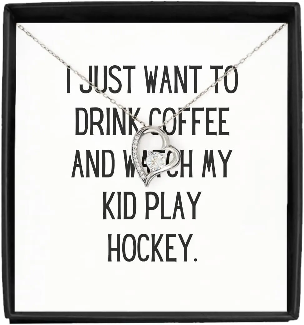 EzGift I Just Want To Drink Coffee And Watch My Kid Play Hockey Funny Hockey Mom Necklace Pendant Gift Quote Gag Jewelry With Chain Message Card Box