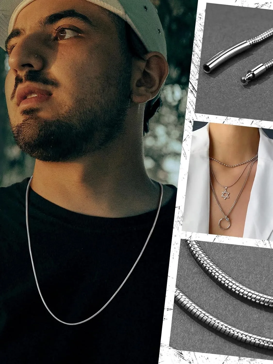 FaithHeart Stainless Steel Chains for Men, Silver/Black/14K Gold Plated Snake/Wheat/Box/Rope/Rolo Chain Necklace 16-30 Inches with Delicate Gift Box