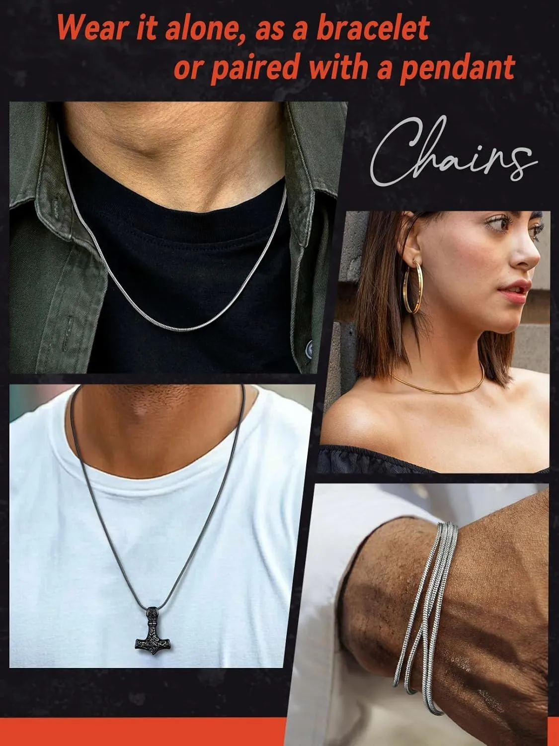 FaithHeart Stainless Steel Chains for Men, Silver/Black/14K Gold Plated Snake/Wheat/Box/Rope/Rolo Chain Necklace 16-30 Inches with Delicate Gift Box