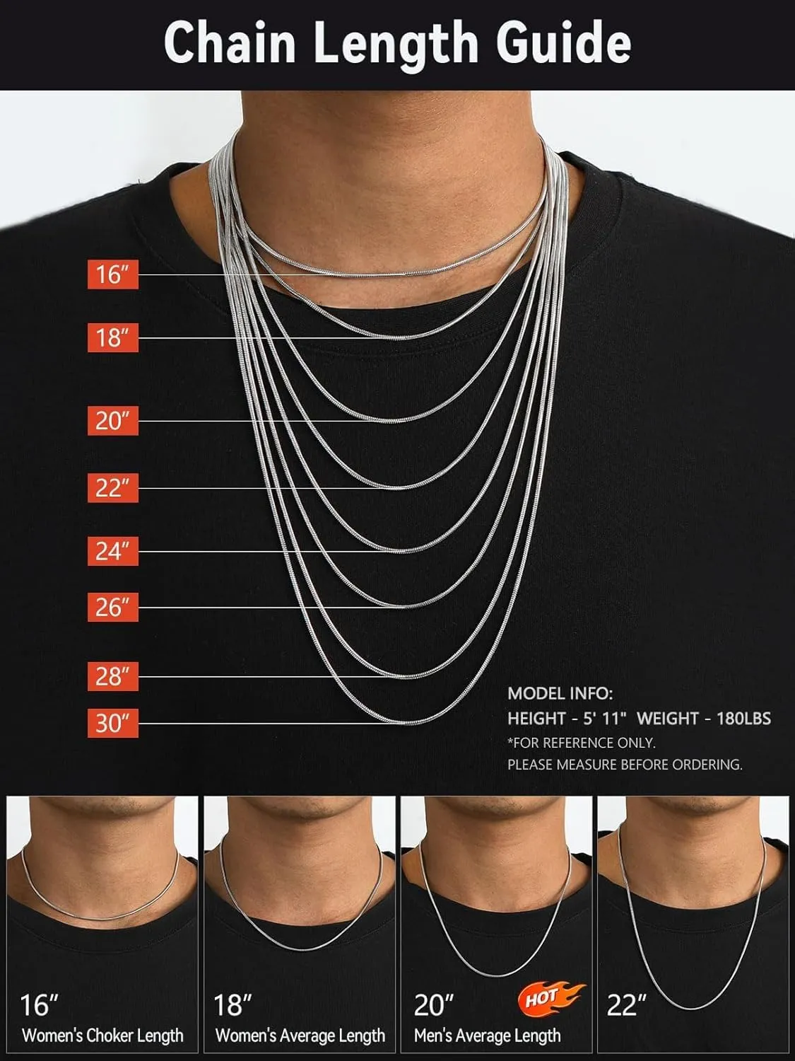 FaithHeart Stainless Steel Chains for Men, Silver/Black/14K Gold Plated Snake/Wheat/Box/Rope/Rolo Chain Necklace 16-30 Inches with Delicate Gift Box