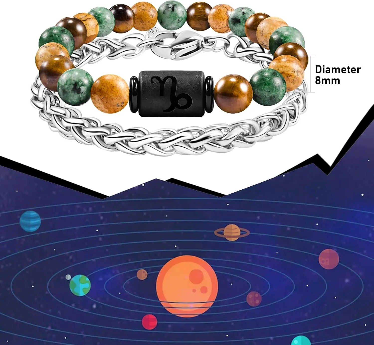 FANCIBAND Zodiac Bracelet for Men Women, 2pcs Stainless Steel Chain Bracelet and 8mm Natural Tiger Eye Stone Bead Bracelets with Zodiac Stone Black Star Sign Constellation Horoscope Bracelet Stretch
