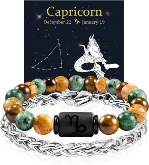 FANCIBAND Zodiac Bracelet for Men Women, 2pcs Stainless Steel Chain Bracelet and 8mm Natural Tiger Eye Stone Bead Bracelets with Zodiac Stone Black Star Sign Constellation Horoscope Bracelet Stretch