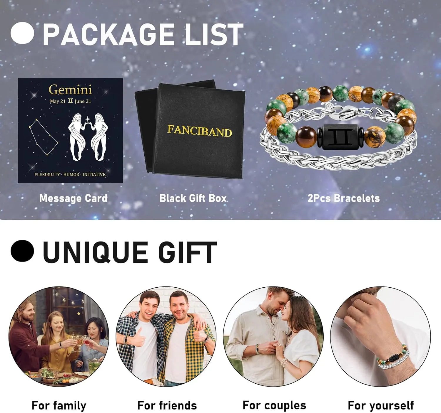 FANCIBAND Zodiac Bracelet for Men Women, 2pcs Stainless Steel Chain Bracelet and 8mm Natural Tiger Eye Stone Bead Bracelets with Zodiac Stone Black Star Sign Constellation Horoscope Bracelet Stretch