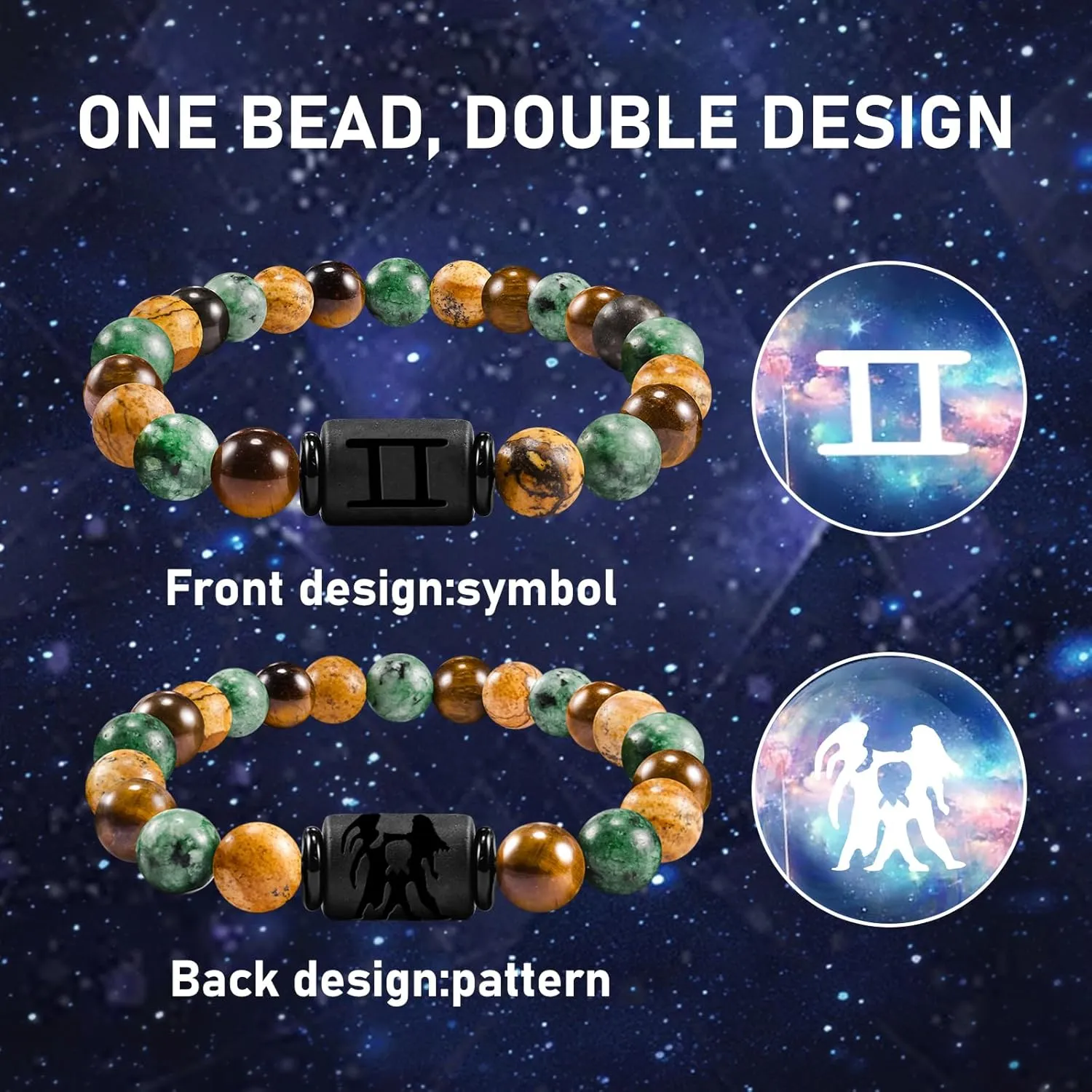 FANCIBAND Zodiac Bracelet for Men Women, 2pcs Stainless Steel Chain Bracelet and 8mm Natural Tiger Eye Stone Bead Bracelets with Zodiac Stone Black Star Sign Constellation Horoscope Bracelet Stretch