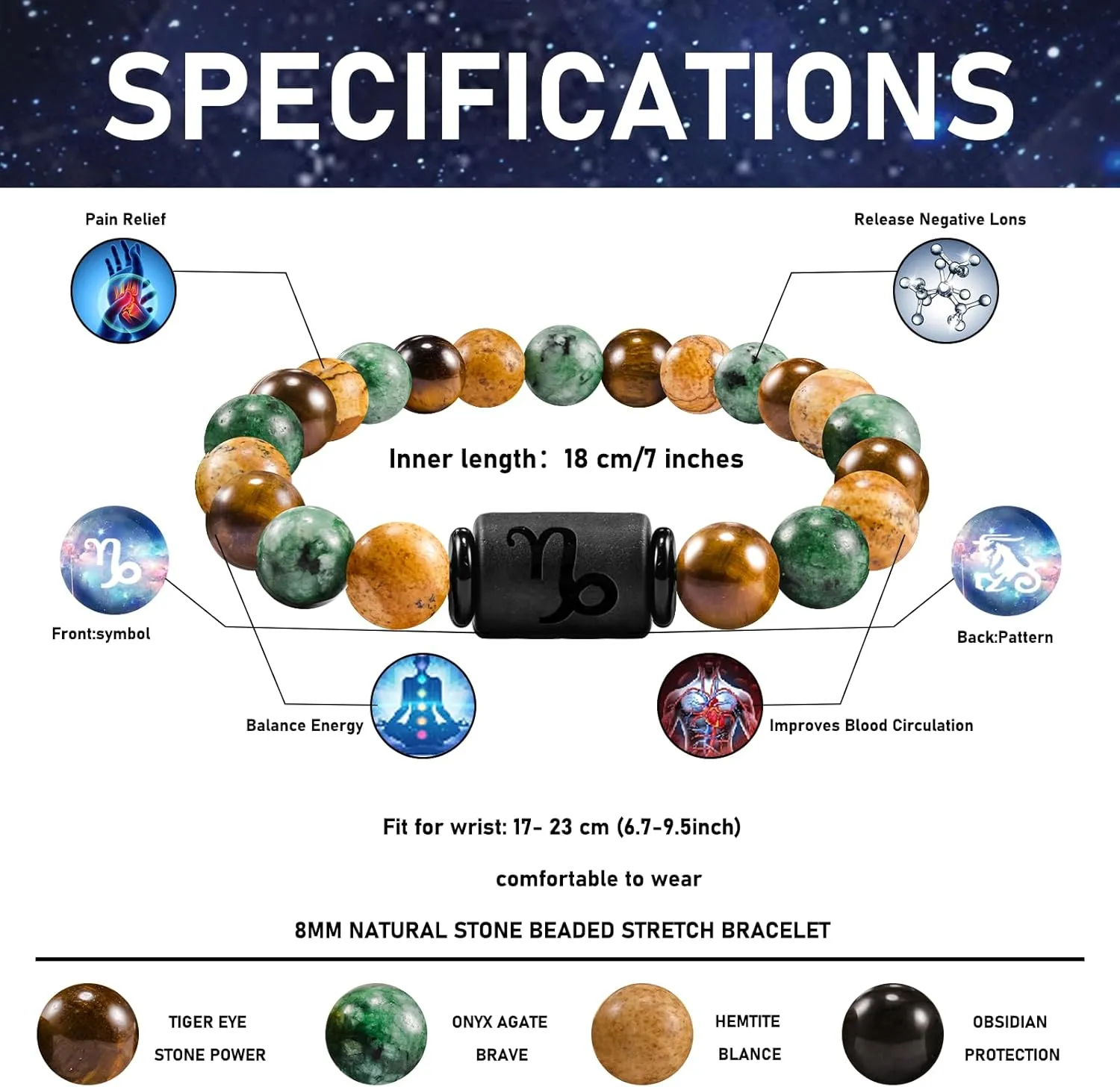 FANCIBAND Zodiac Bracelet for Men Women, 2pcs Stainless Steel Chain Bracelet and 8mm Natural Tiger Eye Stone Bead Bracelets with Zodiac Stone Black Star Sign Constellation Horoscope Bracelet Stretch