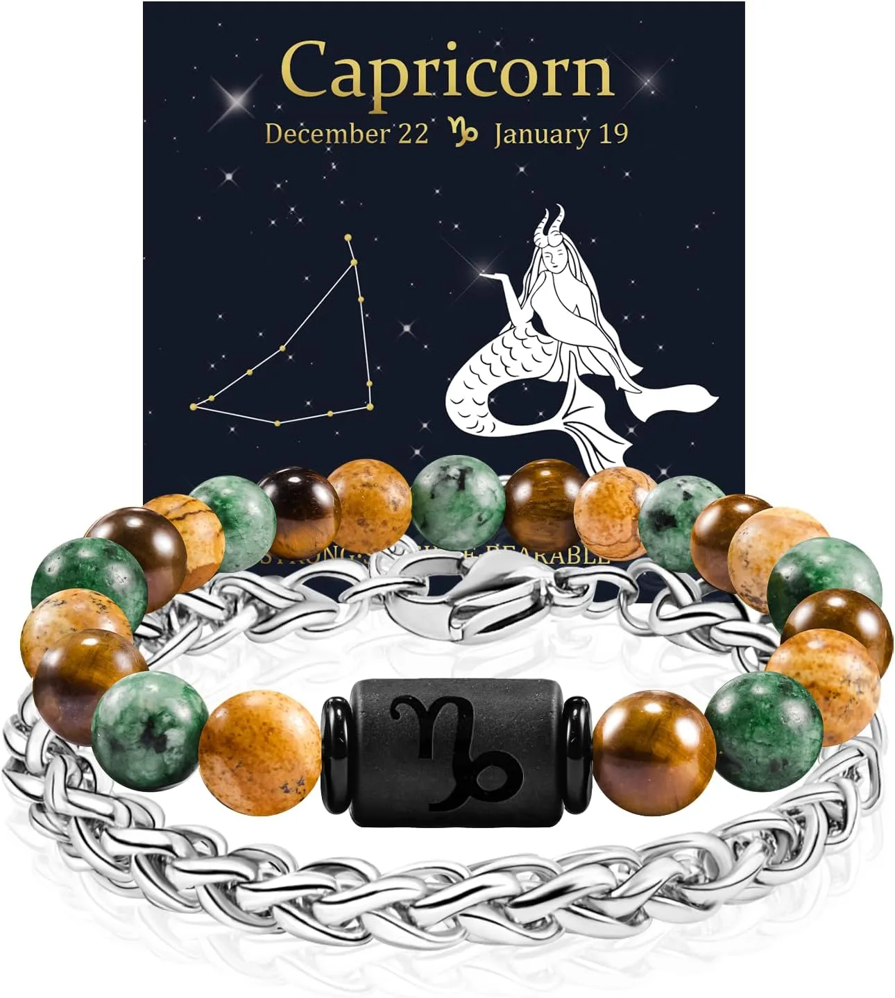 FANCIBAND Zodiac Bracelet for Men Women, 2pcs Stainless Steel Chain Bracelet and 8mm Natural Tiger Eye Stone Bead Bracelets with Zodiac Stone Black Star Sign Constellation Horoscope Bracelet Stretch