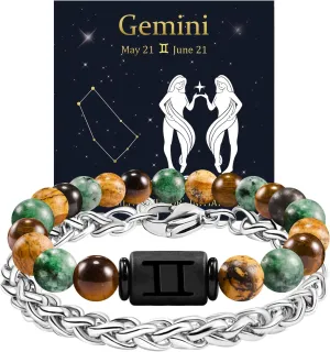 FANCIBAND Zodiac Bracelet for Men Women, 2pcs Stainless Steel Chain Bracelet and 8mm Natural Tiger Eye Stone Bead Bracelets with Zodiac Stone Black Star Sign Constellation Horoscope Bracelet Stretch