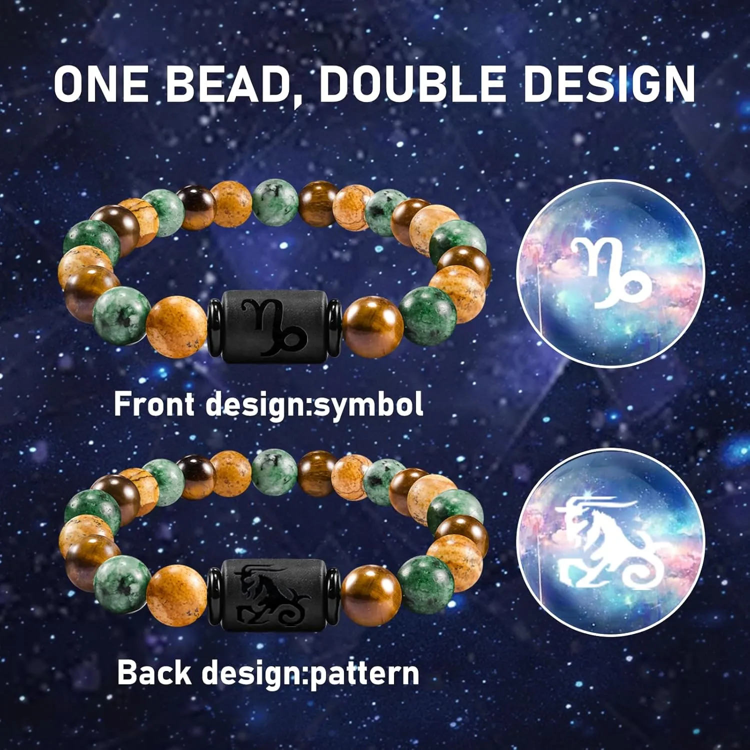 FANCIBAND Zodiac Bracelet for Men Women, 2pcs Stainless Steel Chain Bracelet and 8mm Natural Tiger Eye Stone Bead Bracelets with Zodiac Stone Black Star Sign Constellation Horoscope Bracelet Stretch