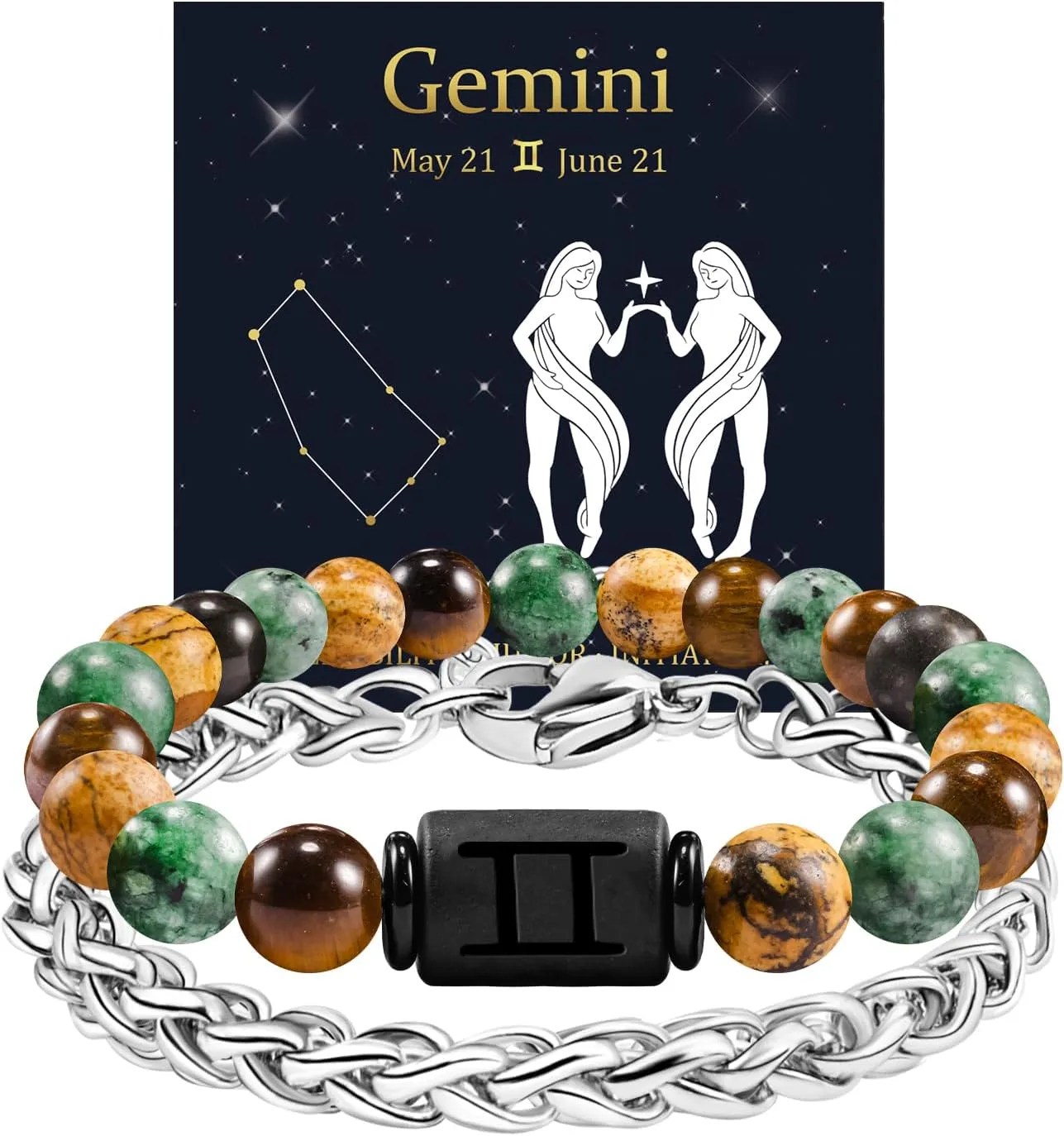 FANCIBAND Zodiac Bracelet for Men Women, 2pcs Stainless Steel Chain Bracelet and 8mm Natural Tiger Eye Stone Bead Bracelets with Zodiac Stone Black Star Sign Constellation Horoscope Bracelet Stretch