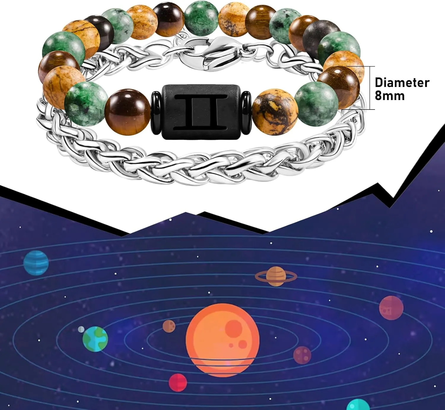 FANCIBAND Zodiac Bracelet for Men Women, 2pcs Stainless Steel Chain Bracelet and 8mm Natural Tiger Eye Stone Bead Bracelets with Zodiac Stone Black Star Sign Constellation Horoscope Bracelet Stretch