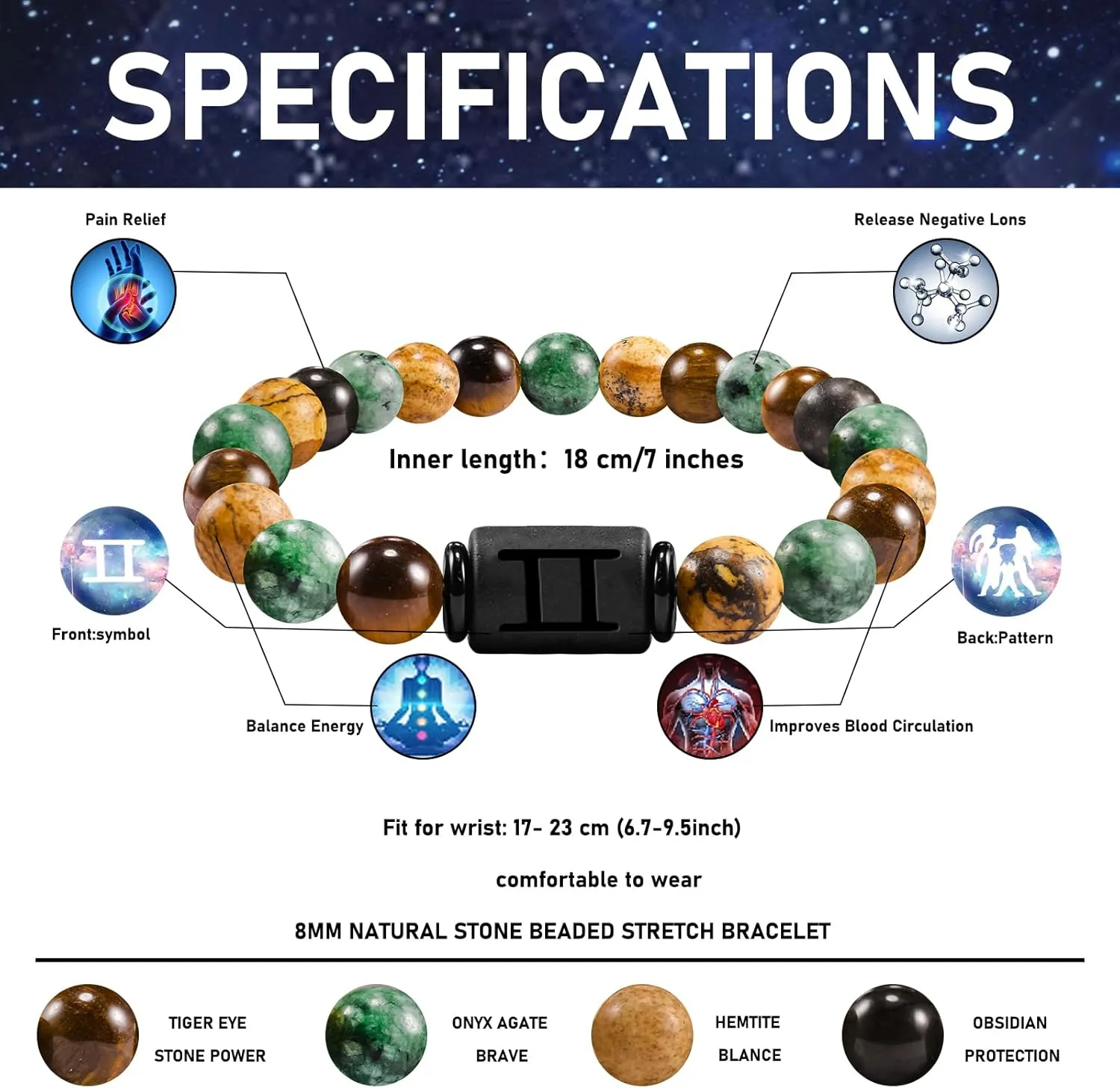 FANCIBAND Zodiac Bracelet for Men Women, 2pcs Stainless Steel Chain Bracelet and 8mm Natural Tiger Eye Stone Bead Bracelets with Zodiac Stone Black Star Sign Constellation Horoscope Bracelet Stretch