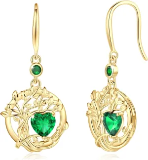 FANCIME Mothers Day Gifts, Tree of Life Dangle Drop Earrings 925 Sterling Silver Dainty Round Gemstone Birthstone Earring Fine Jewelry Birthday Gifts for Her Women