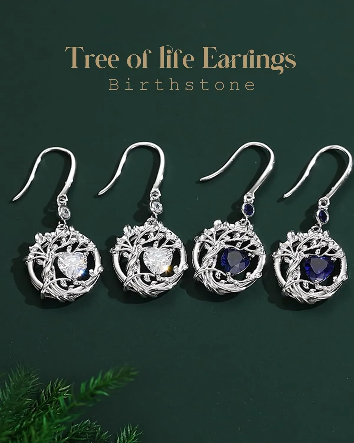 FANCIME Mothers Day Gifts, Tree of Life Dangle Drop Earrings 925 Sterling Silver Dainty Round Gemstone Birthstone Earring Fine Jewelry Birthday Gifts for Her Women