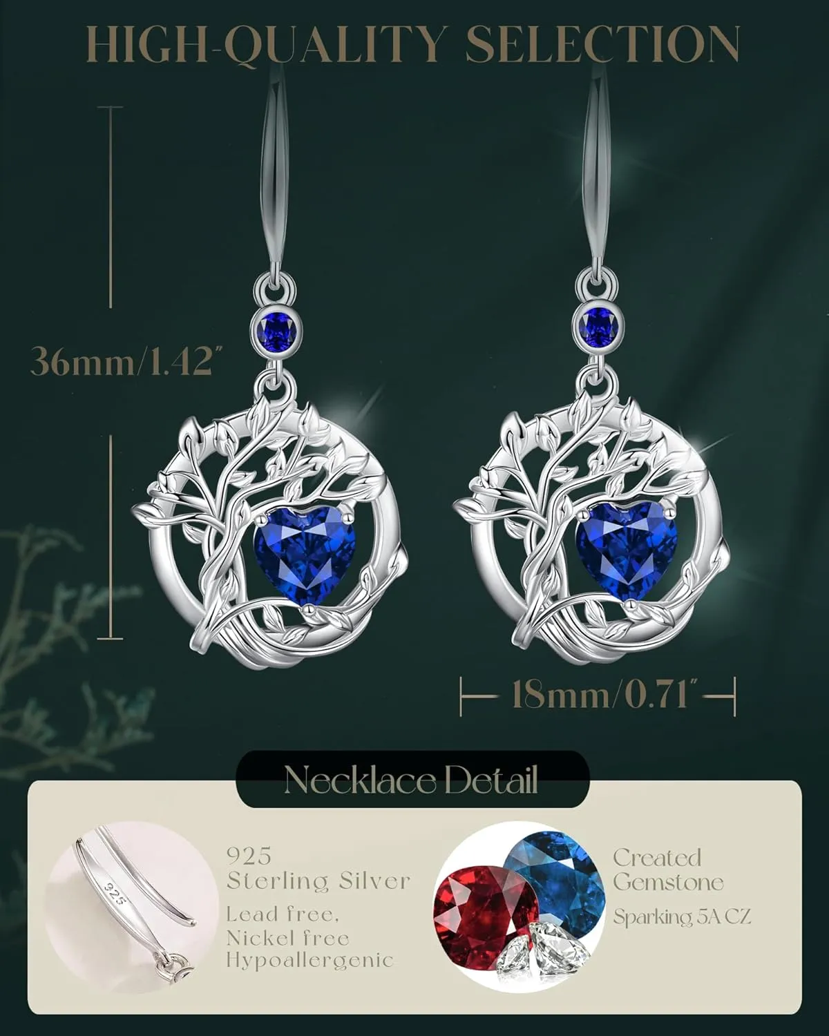 FANCIME Mothers Day Gifts, Tree of Life Dangle Drop Earrings 925 Sterling Silver Dainty Round Gemstone Birthstone Earring Fine Jewelry Birthday Gifts for Her Women