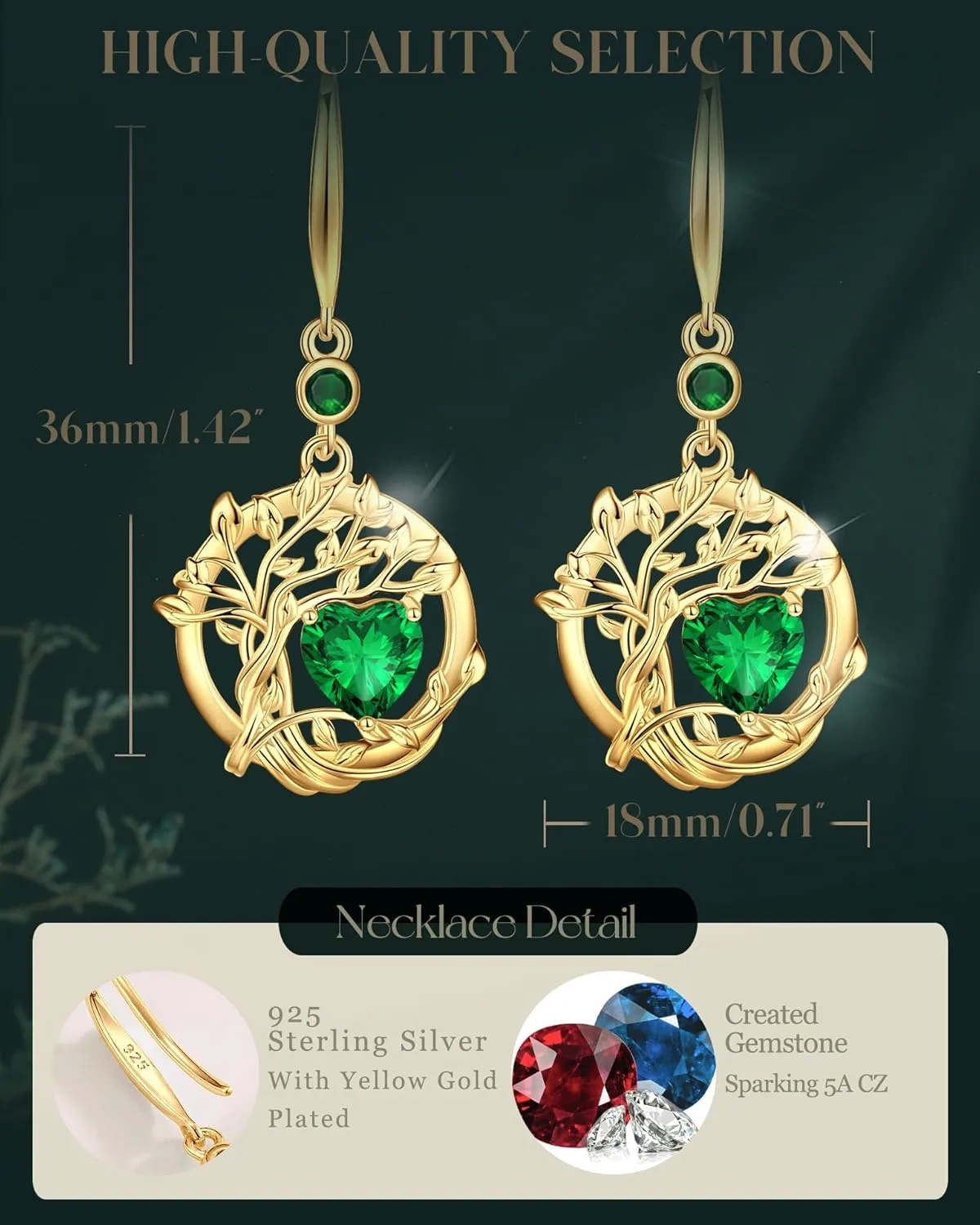 FANCIME Mothers Day Gifts, Tree of Life Dangle Drop Earrings 925 Sterling Silver Dainty Round Gemstone Birthstone Earring Fine Jewelry Birthday Gifts for Her Women
