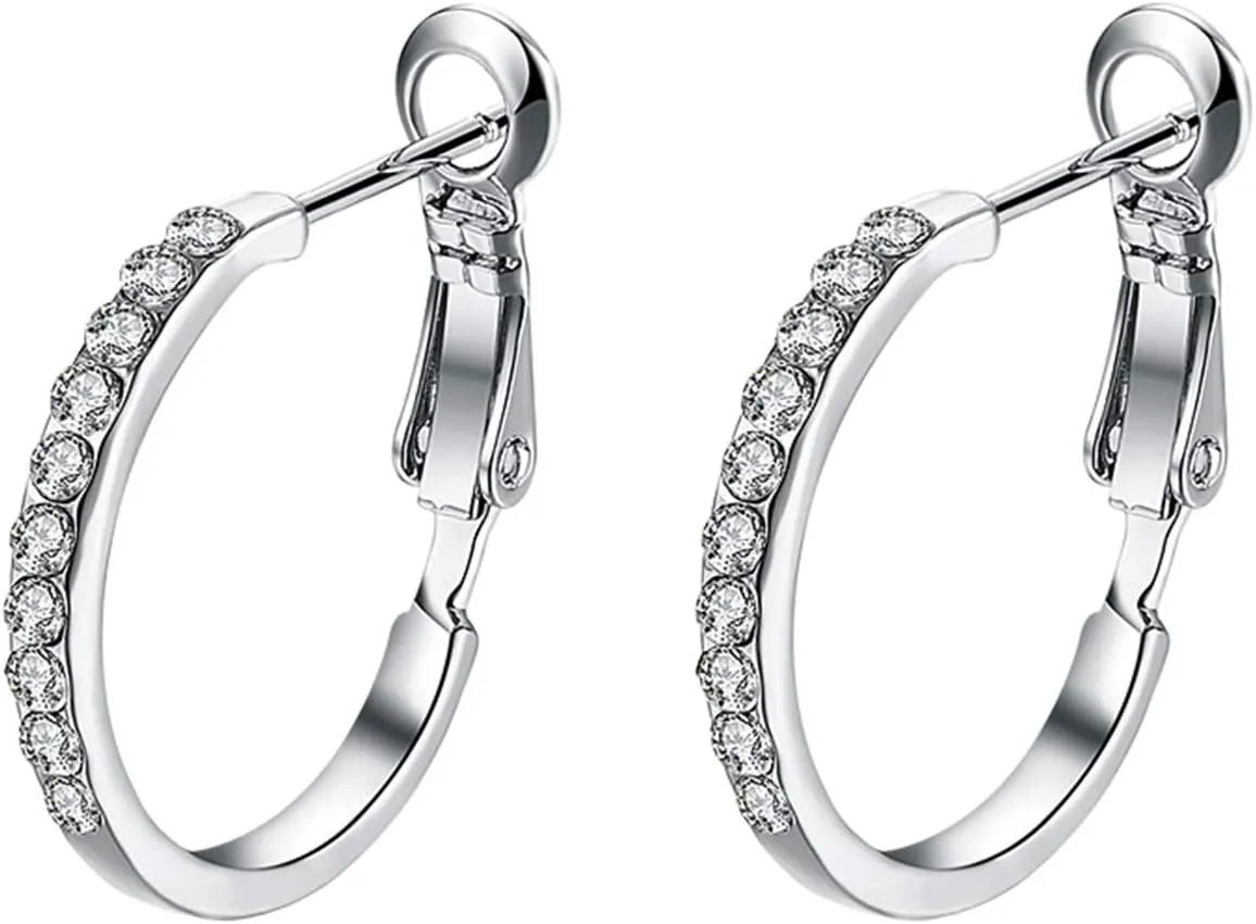 Fashion Jewelry 14k Platinum/Rose Gold CZ Rhinestone Small Hoop Earrings for Women (Platinum)