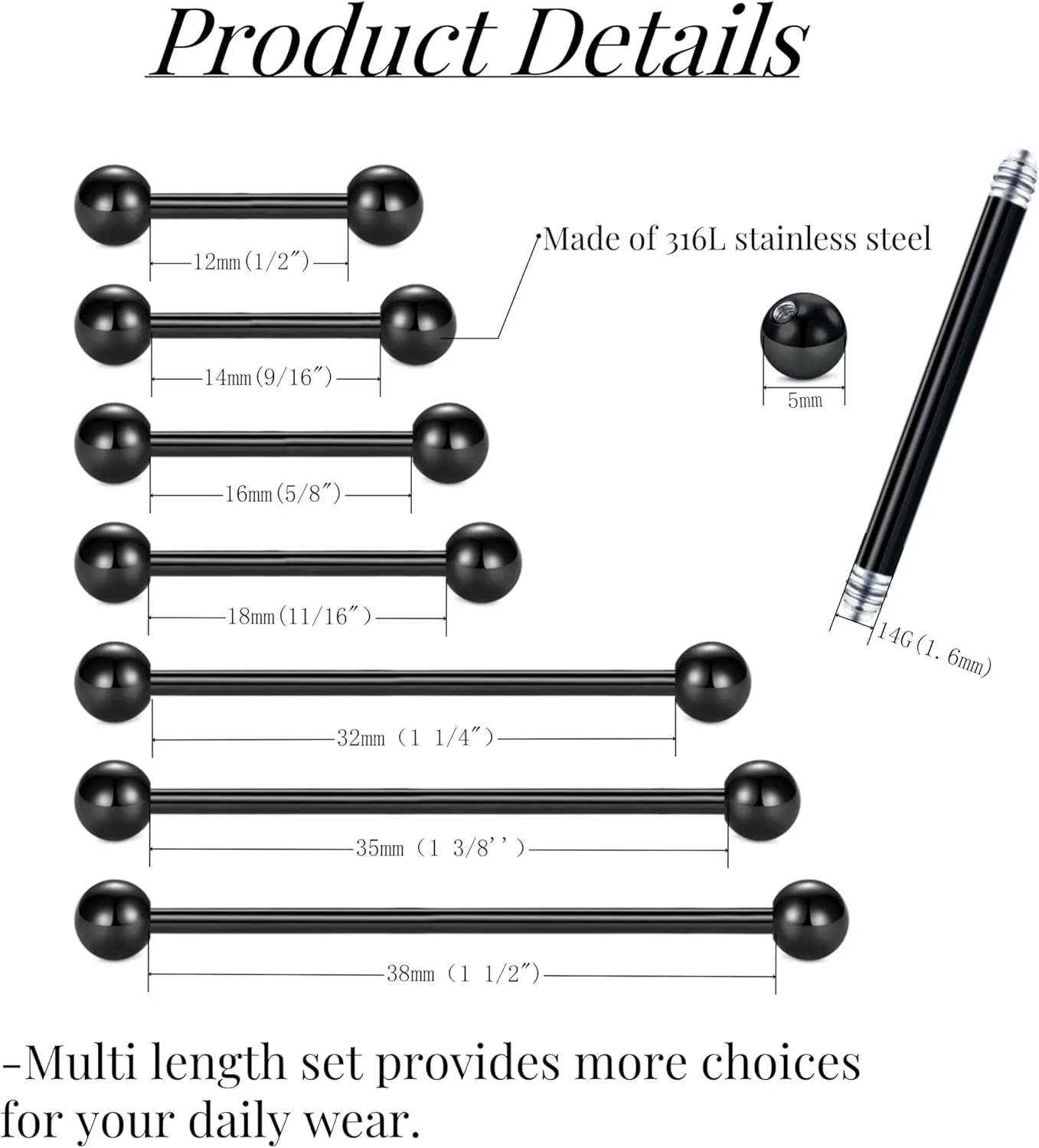 FECTAS 14G Mix Size Industrial Nipple Piercing Jewelry with Clear Piercing Retainers Stainless Steel Straight Industrial Barbell Earrings for Cartilage Piercing Plastic Nipple Tongue Rings 28PCS