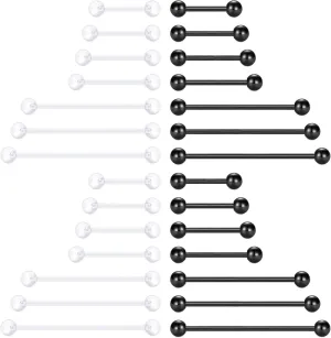 FECTAS 14G Mix Size Industrial Nipple Piercing Jewelry with Clear Piercing Retainers Stainless Steel Straight Industrial Barbell Earrings for Cartilage Piercing Plastic Nipple Tongue Rings 28PCS