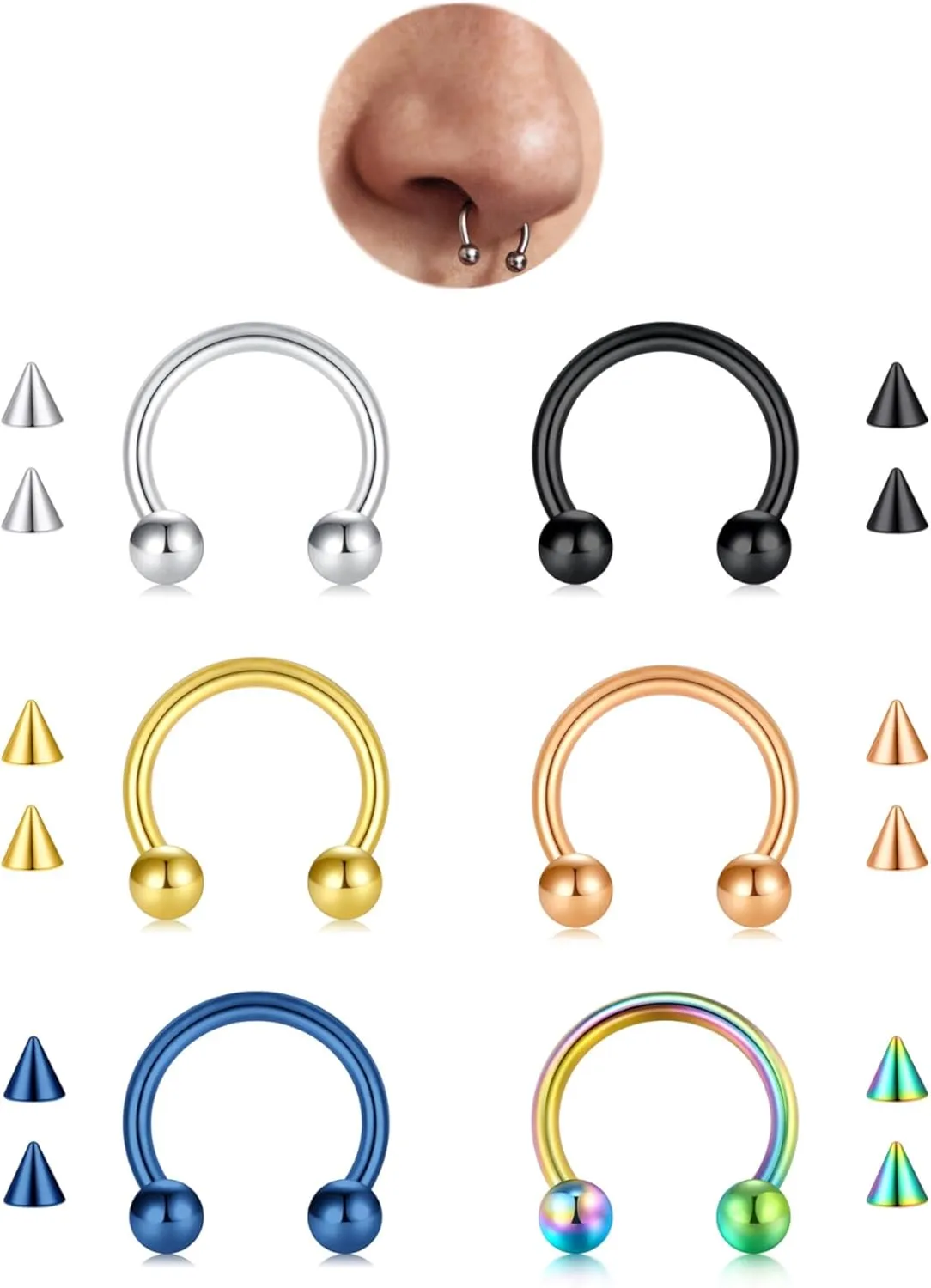 FECTAS Septum Rings 16G 14G Septum Piercing Jewelry with Replacement Top Balls Nose Rings for Women Men Horseshoe Earrings