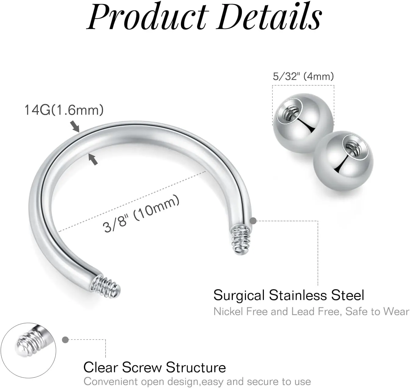 FECTAS Septum Rings 16G 14G Septum Piercing Jewelry with Replacement Top Balls Nose Rings for Women Men Horseshoe Earrings