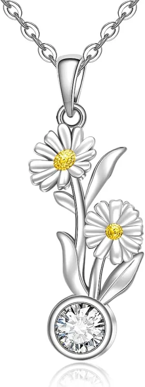 Fenthring Birth Flower Necklace April Daisy Necklace for Women with Birthstone Sterling Silver Daisy Flower Pendant Chain Jewelry Charm Christmas Birthday Gifts