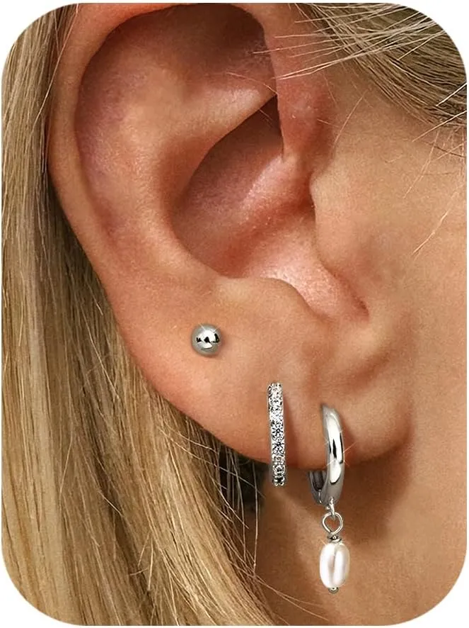 FIBO STEEL 14K Gold Earrings for Women - 925 Sterling Silver Hypoallergenic Earrings Set for Multiple Piercing - Cartilage Dainty Small Huggie Hoop Stud Earring Stacks for Sensitive Ears