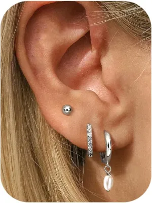 FIBO STEEL 14K Gold Earrings for Women - 925 Sterling Silver Hypoallergenic Earrings Set for Multiple Piercing - Cartilage Dainty Small Huggie Hoop Stud Earring Stacks for Sensitive Ears